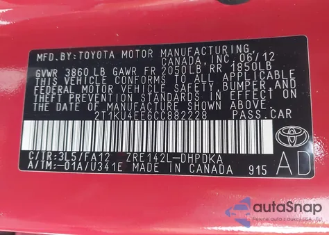 2012 Toyota Matrix L from USA, damaged, VIN 2T1KU4EE6CC882228